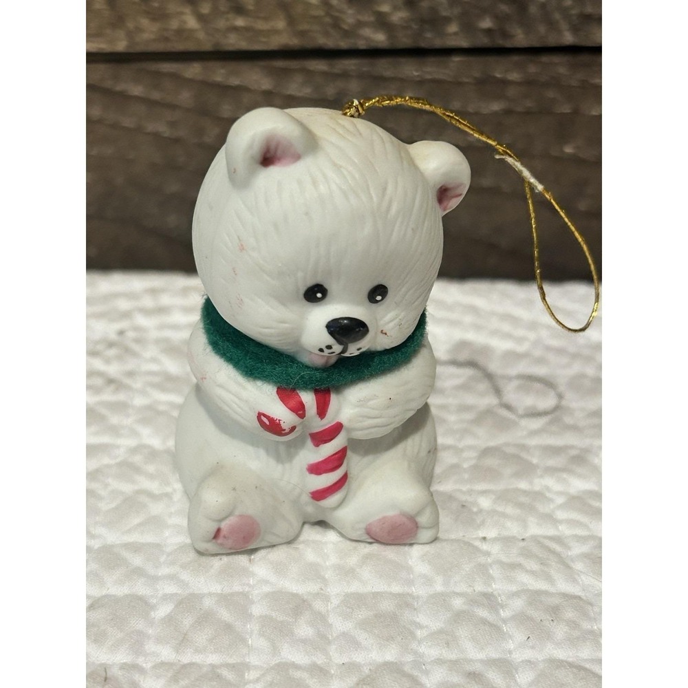 Vintage Jasco Bisque Porcelain Lil Chimers Polar Bear w/ Candy Cane‎ Ornament
